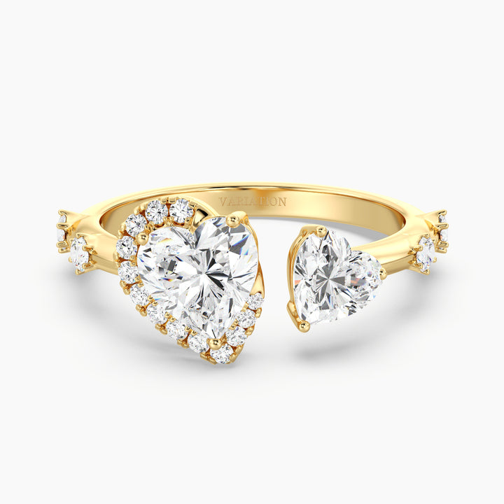 Heart Cut Lab Grown Diamond Double Heart Open Cuff Ring in 18K Yellow Gold