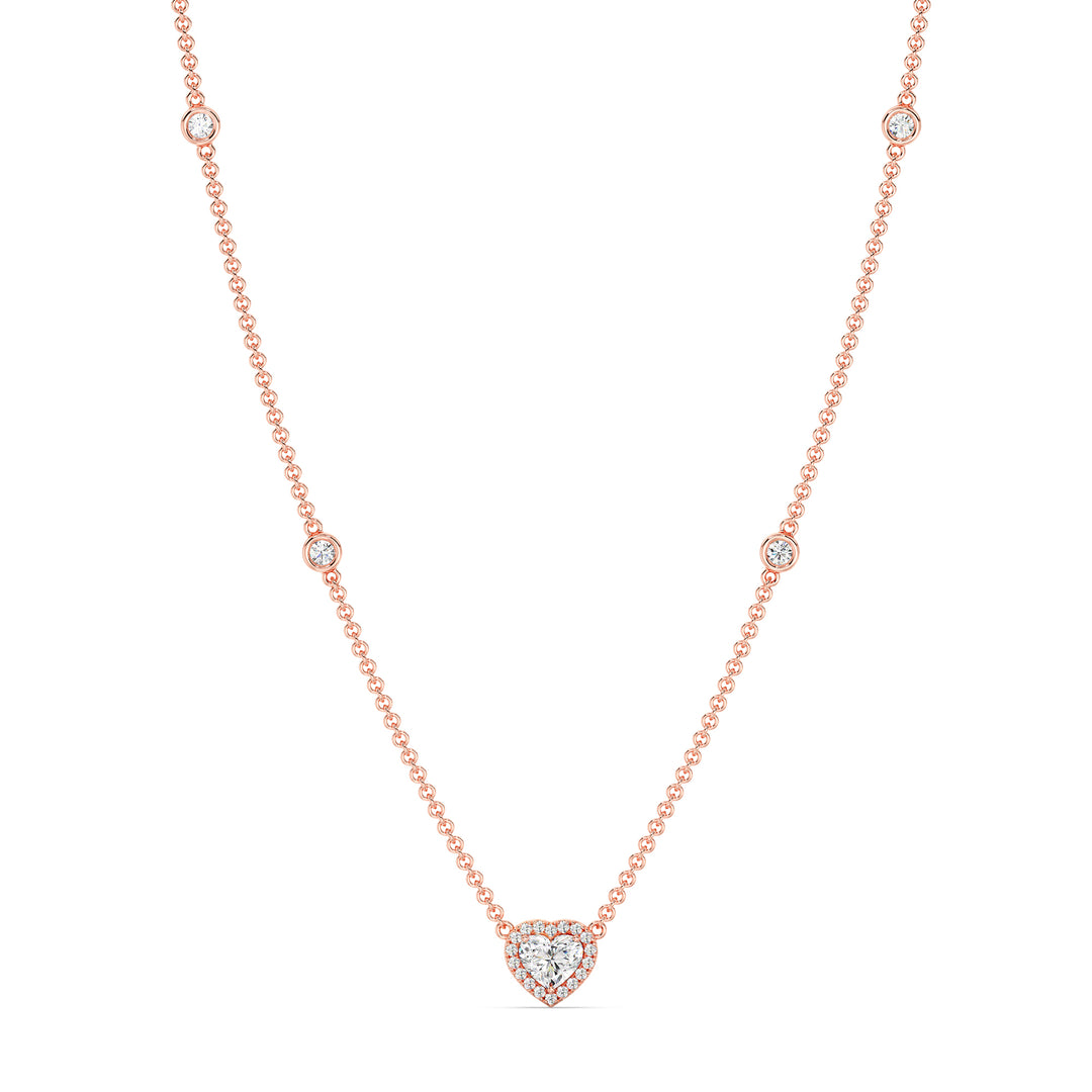 Heart Diamond Accent Bezel Station Necklace in 18K Rose Gold