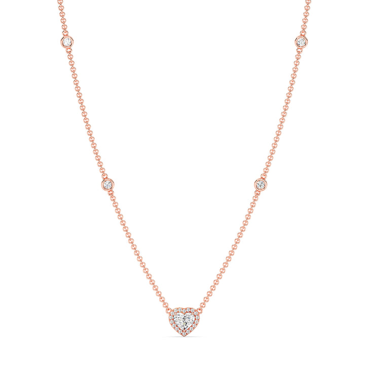 Heart Diamond Accent Bezel Station Necklace in 18K Rose Gold