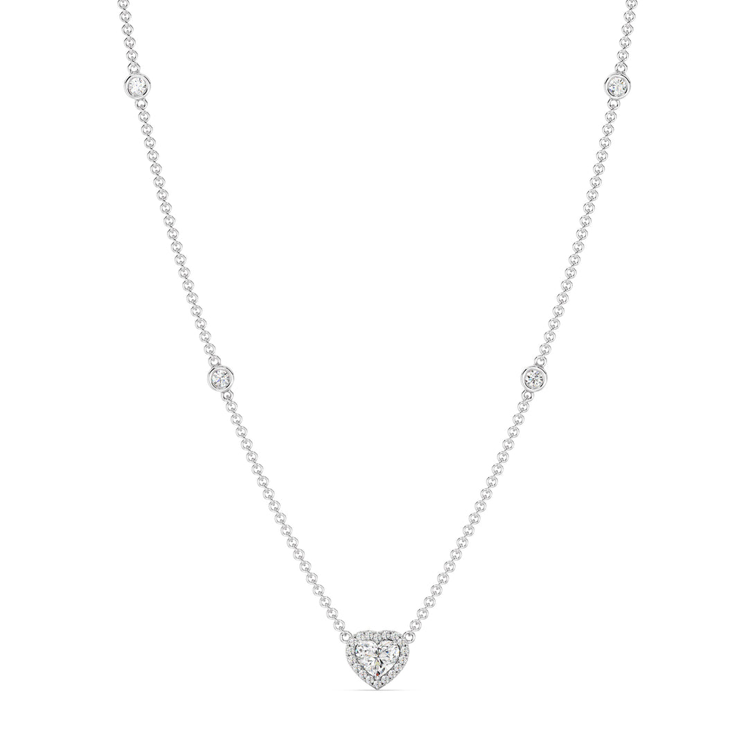 Heart Diamond Accent Bezel Station Necklace in 18K White Gold