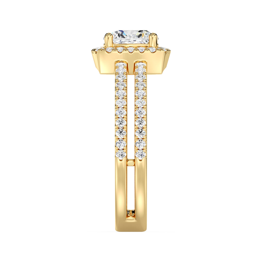 IGI Certified 1 Carat Cushion Diamond Halo Ring with Double Band in 18K Yellow Gold