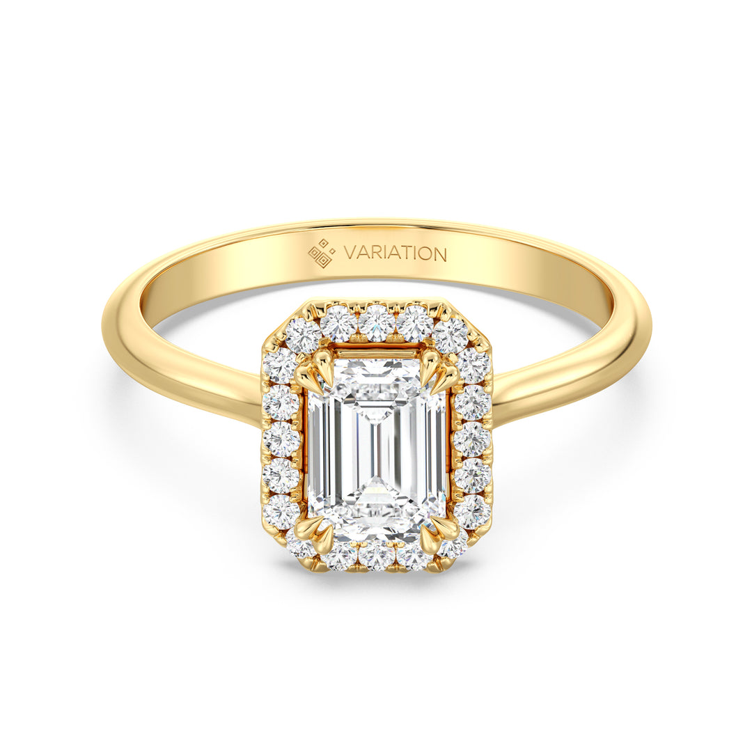 IGI Certified 1 Carat Emerald Cut Diamond Halo Ring in 18K Yellow Gold