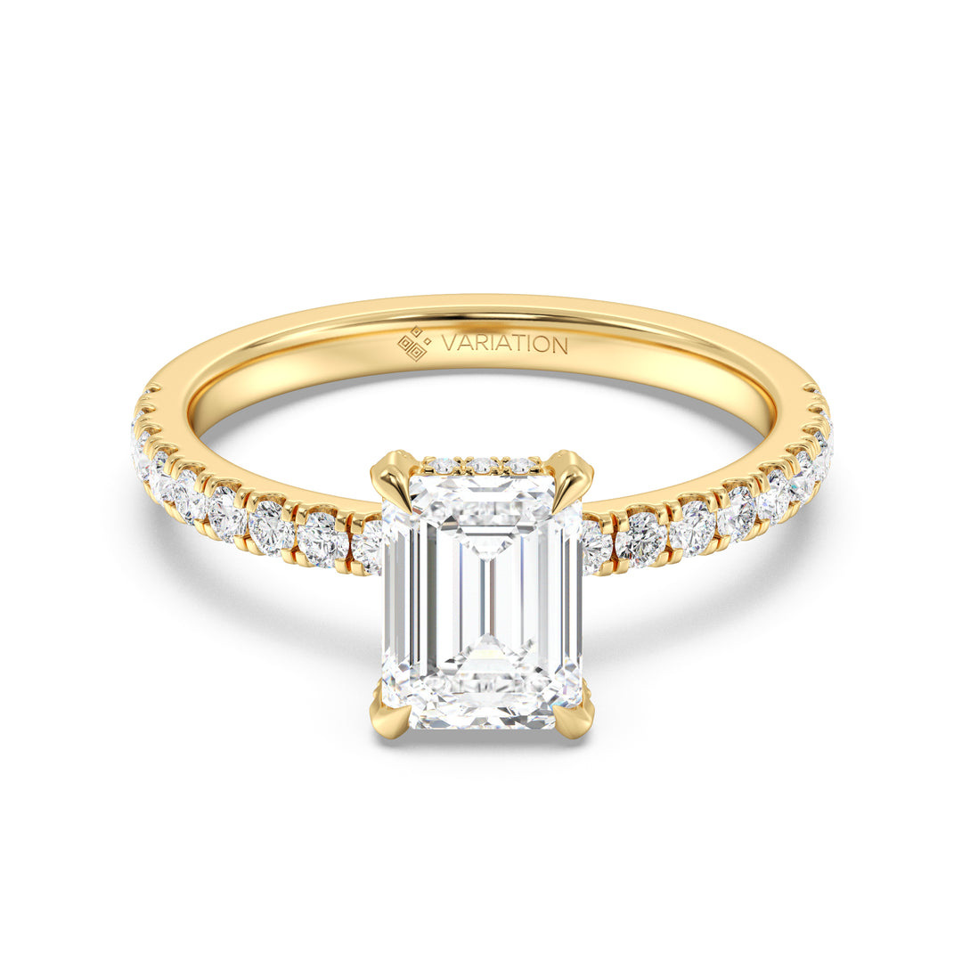 IGI Certified 2 Carat Emerald Cut Diamond Engagement Ring with Hidden Halo in Yellow Gold