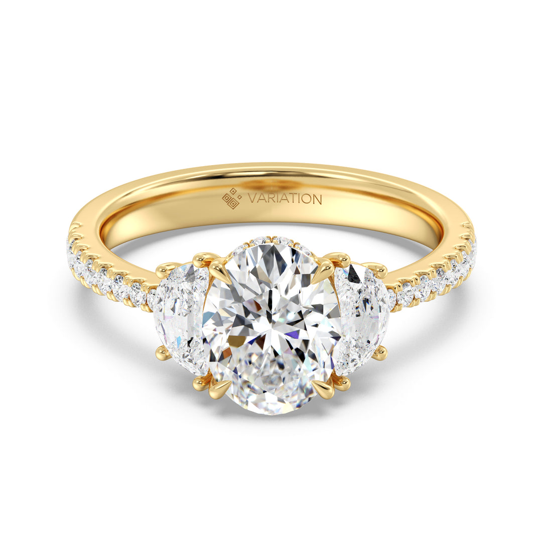 IGI Certified 2 Carat Oval Diamond Three Stone Ring with Half Moon Accents in 18K Yellow Gold