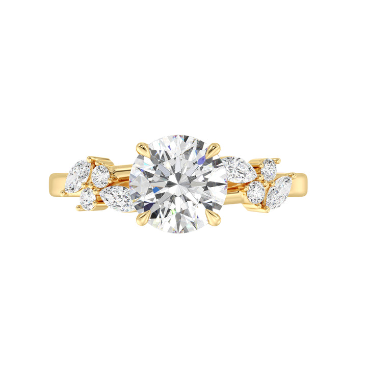 IGI Certified 2 Carat Round Diamond Engagement Ring with Mixed Shape Accents in Yellow Gold
