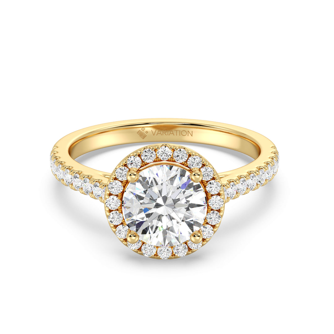 IGI Certified 2 Carat Round Diamond Halo Engagement Ring with Pavé Band in Yellow Gold