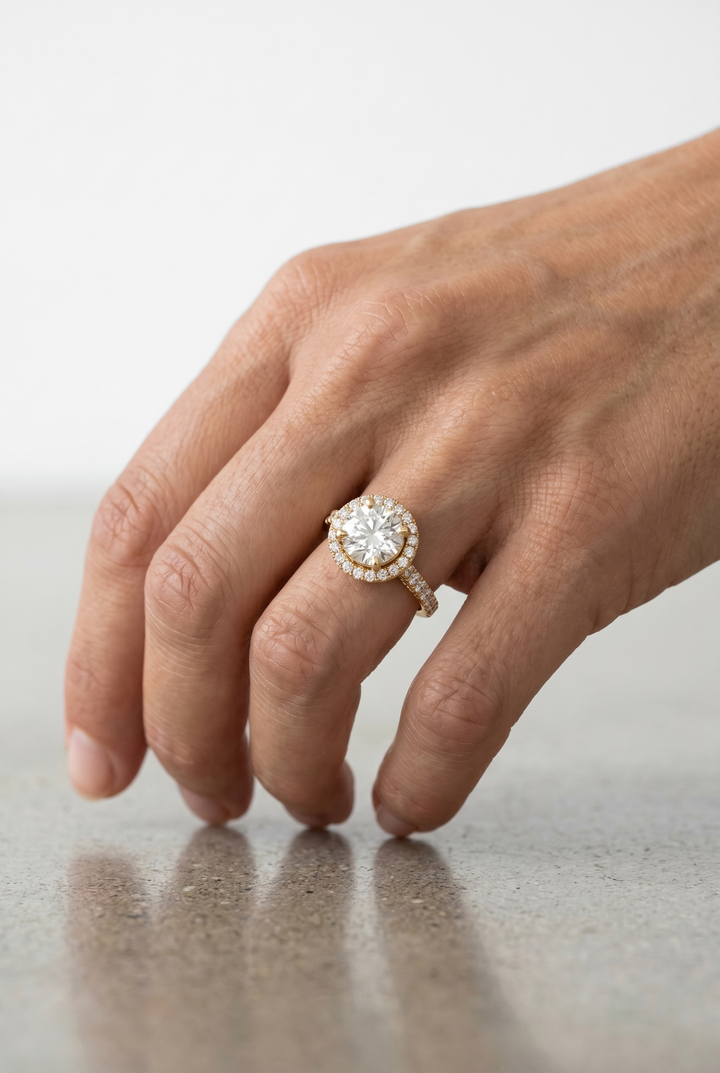 IGI Certified 2 Carat Round Diamond Halo Engagement Ring in Yellow Gold