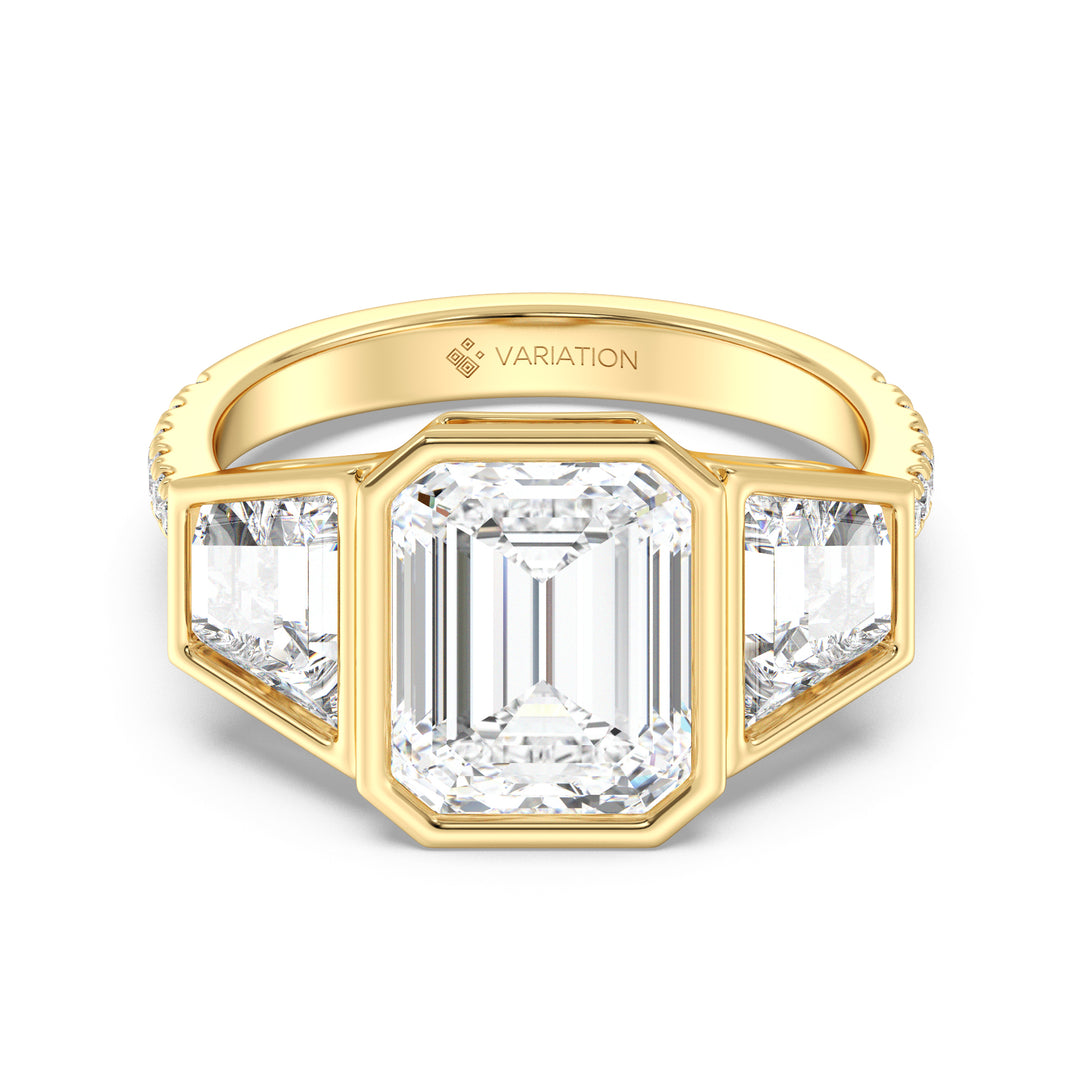 IGI Certified 4 Carat Emerald Diamond Engagement Ring with Trapezoid Side Stones in Yellow Gold
