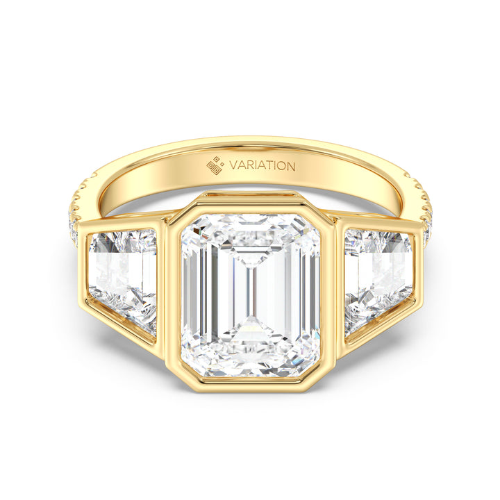 IGI Certified 4 Carat Emerald Diamond Engagement Ring with Trapezoid Side Stones in Yellow Gold