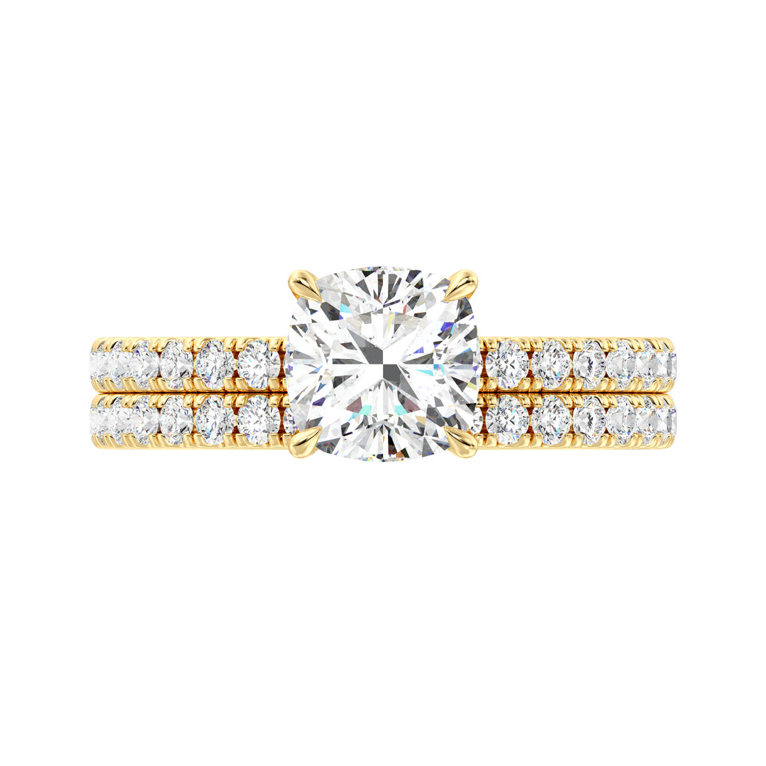 IGI Certified Cushion Diamond Bridal Set with Matching Band in Yellow Gold