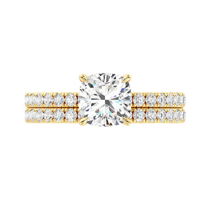 IGI Certified Cushion Diamond Bridal Set with Matching Band in Yellow Gold