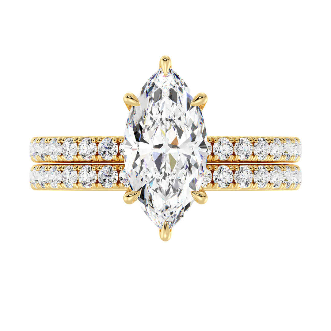 IGI Certified Marquise Diamond Bridal Set with Matching Band in Yellow Gold