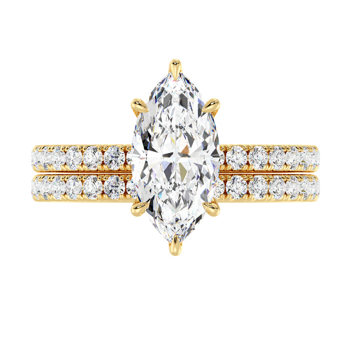 IGI Certified Marquise Diamond Bridal Set with Matching Band in Yellow Gold