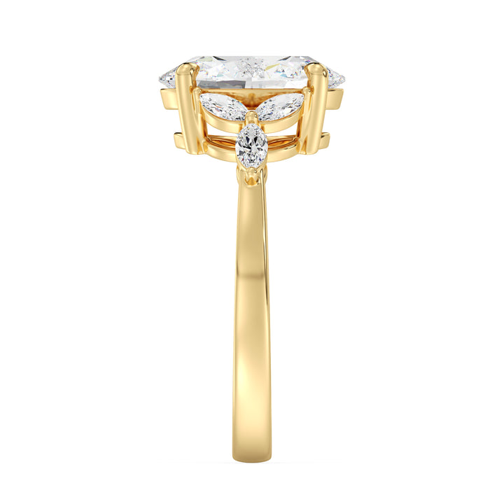 IGI Certified Oval Diamond Ring with Marquise Leaf Inspired Design in Yellow Gold