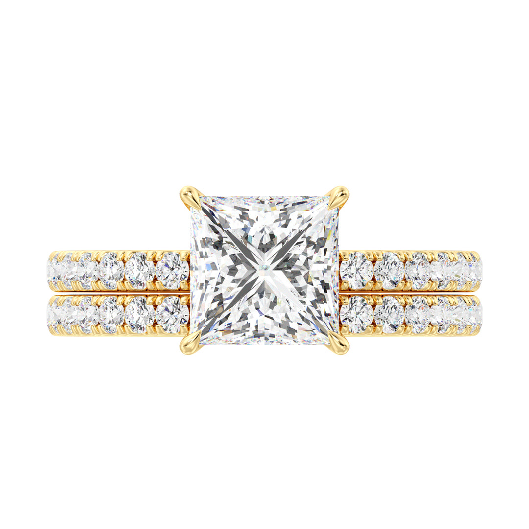 IGI Certified Princess Diamond Bridal Set with Matching Band in Yellow Gold