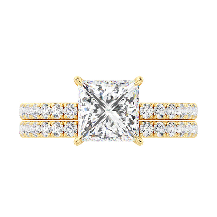 IGI Certified Princess Diamond Bridal Set with Matching Band in Yellow Gold