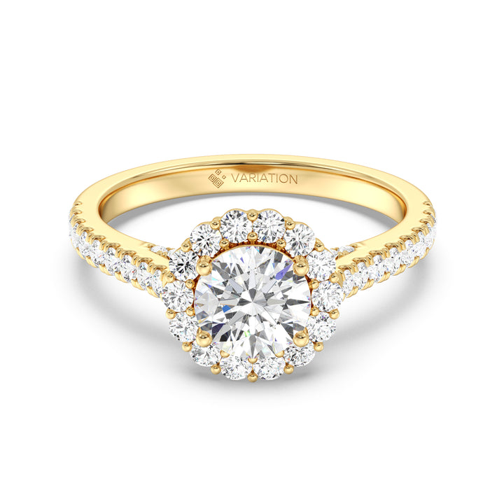 IGI Certified Round Diamond Halo Engagement Ring with Pavé Band in Yellow Gold
