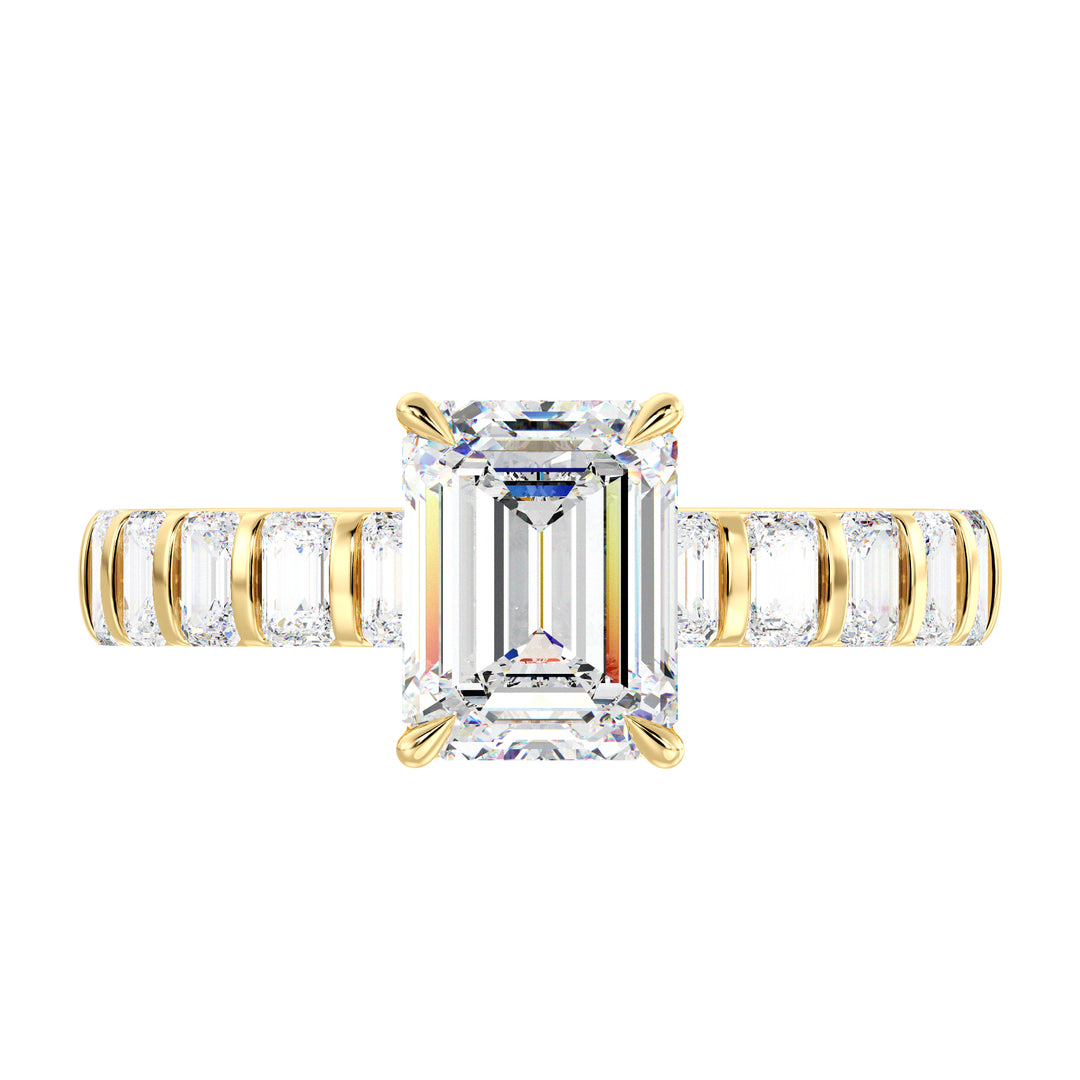 Lab Grown Emerald Diamond Ring with Brilliant Side Stones in Yellow Gold