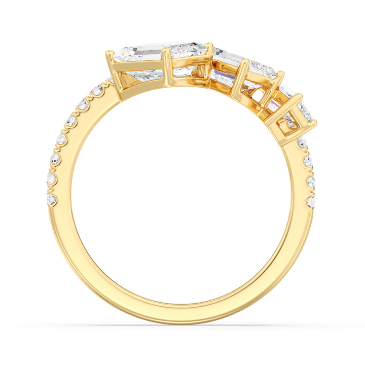 Lab Grown Emerald Diamond Three Stone Anniversary Ring in Yellow Gold