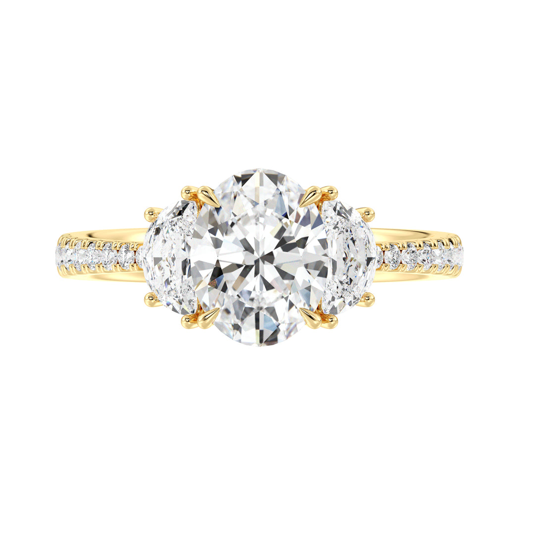 Luxury Oval Lab Grown Diamond Ring with Three Stone Half Moon Design in 18K Yellow Gold