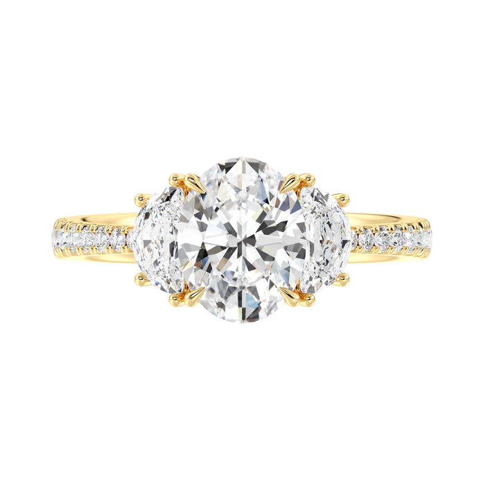 Luxury Oval Lab Grown Diamond Ring with Three Stone Half Moon Design in 18K Yellow Gold