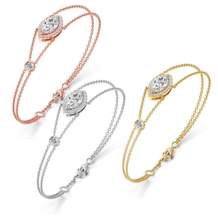 Marquise Cut Lab Grown Diamond Double Chain Halo Bracelet in Yellow Gold White Gold and Rose Gold