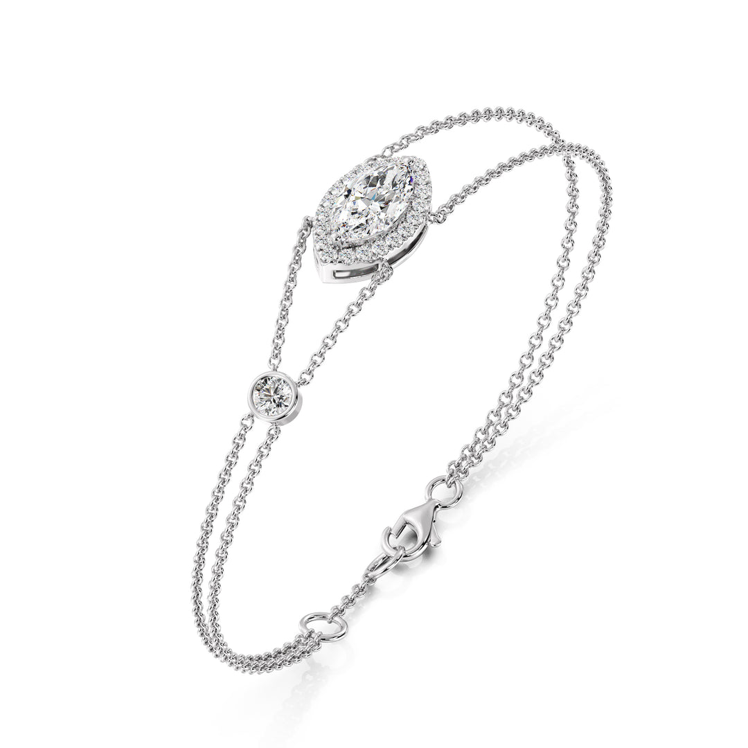 Marquise Cut Lab Grown Diamond Double Chain Halo Bracelet in 18K White Gold