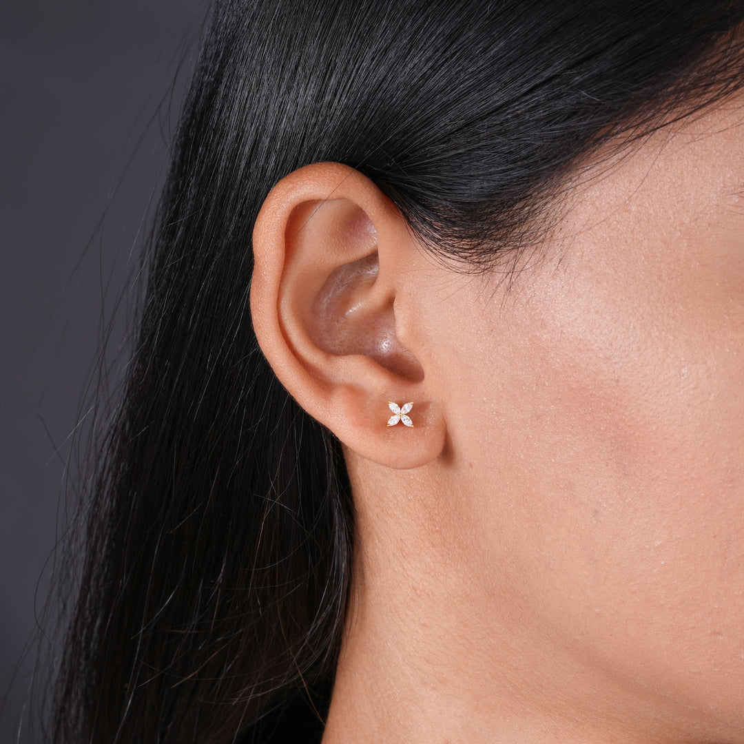 Marquise Cut Lab Grown Diamond Floral Cluster Stud Earrings in 18K Yellow Gold