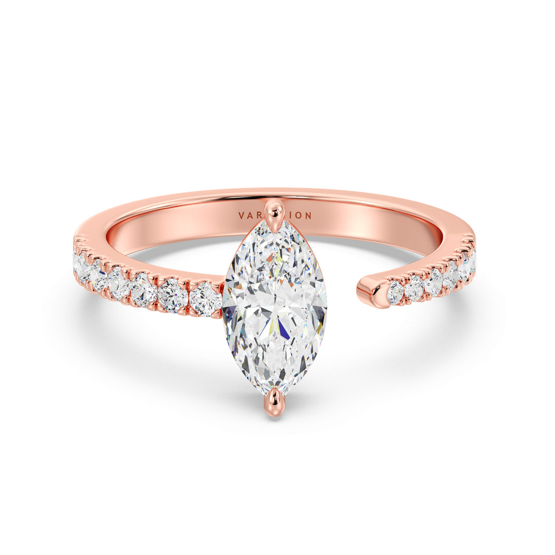 Marquise Cut Lab Grown Diamond Open Cuff Pavé Engagement Ring in 18K Rose Gold