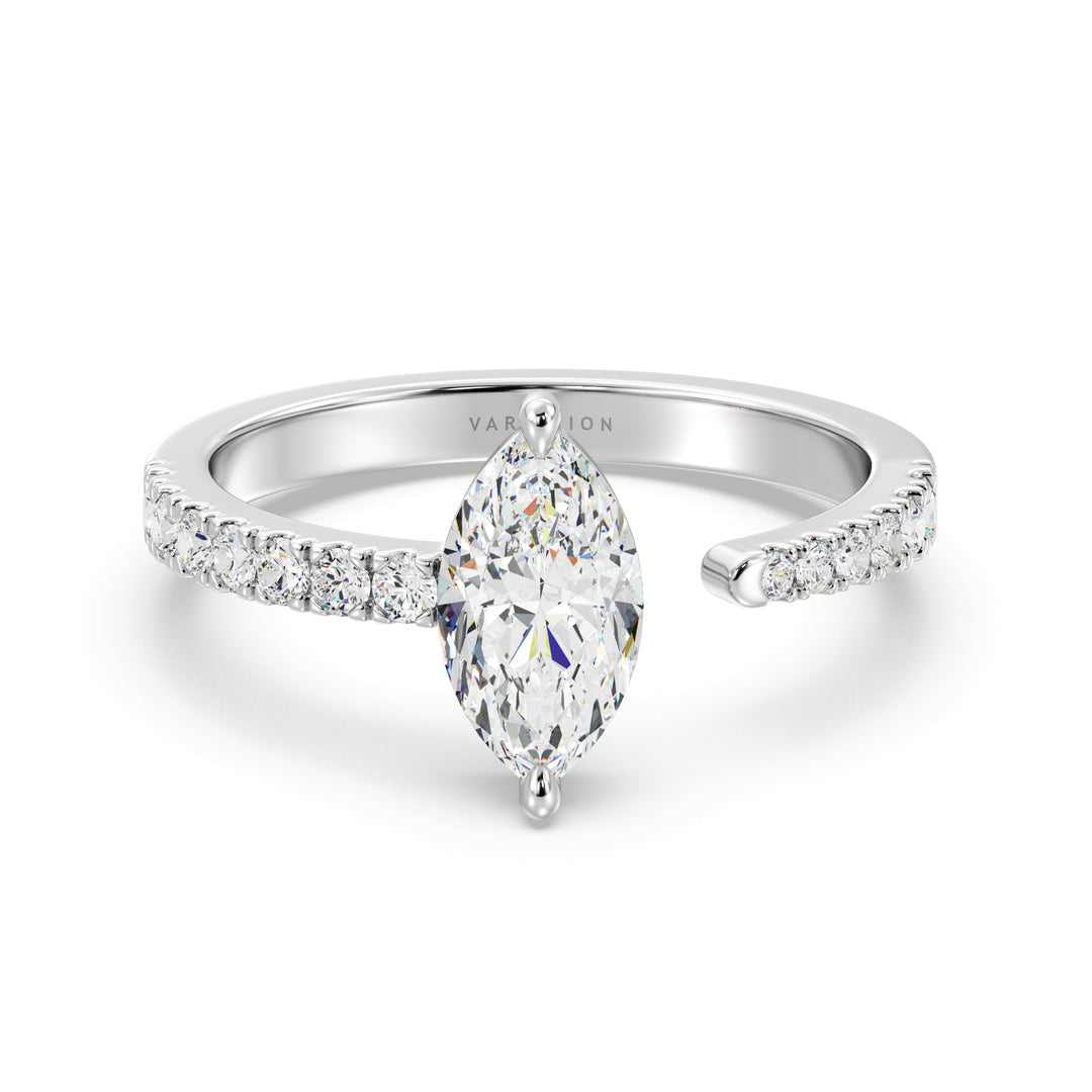 Marquise Cut Lab Grown Diamond Open Cuff Pavé Engagement Ring in 18K White Gold