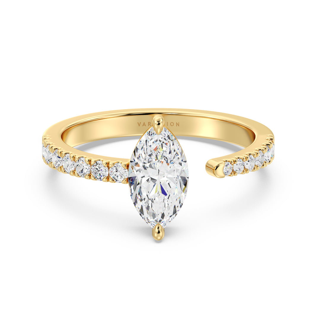 Marquise Cut Lab Grown Diamond Open Cuff Pavé Engagement Ring in 18K Yellow Gold