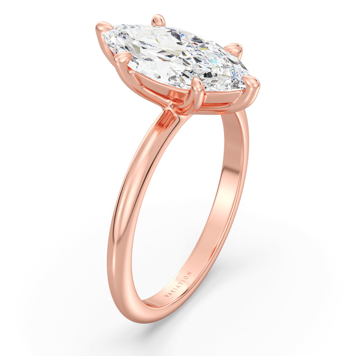Marquise cut lab grown diamond solitaire ring in 18K rose gold featuring an IGI certified diamond and elegant 6-prong setting.