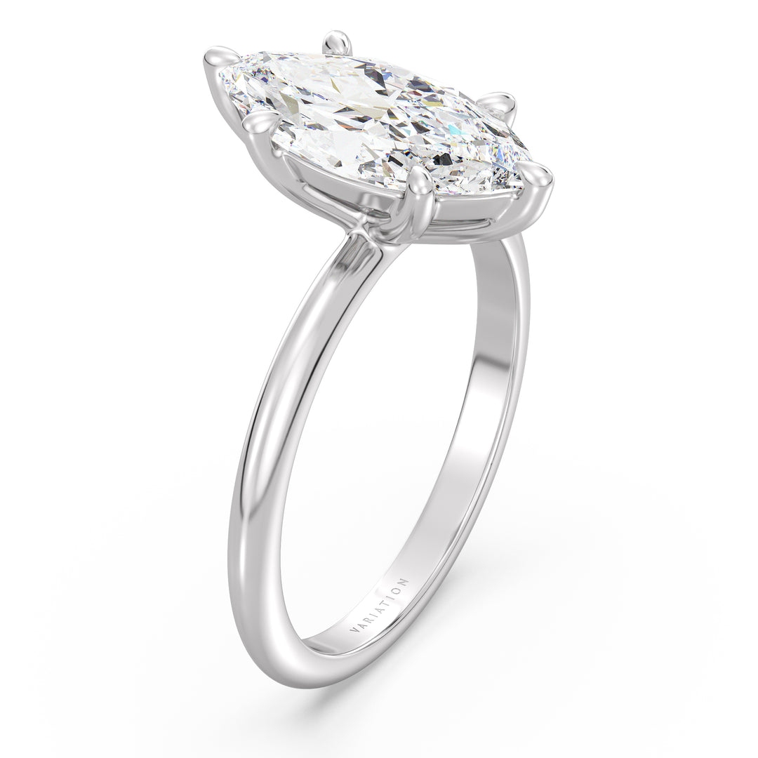 Marquise cut lab grown diamond solitaire ring in 18K white gold with a brilliant IGI certified diamond and classic solitaire design.