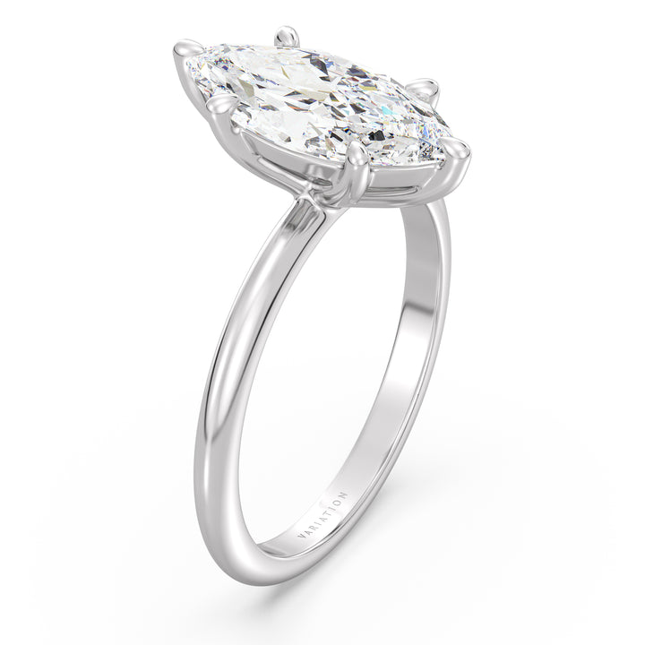 Marquise cut lab grown diamond solitaire ring in 18K white gold with a brilliant IGI certified diamond and classic solitaire design.