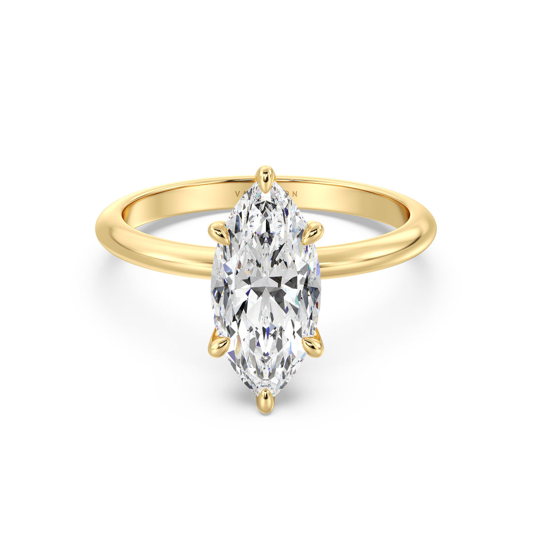 Marquise cut lab grown diamond solitaire ring in 18K yellow gold featuring an IGI certified diamond in a classic 6-prong setting.