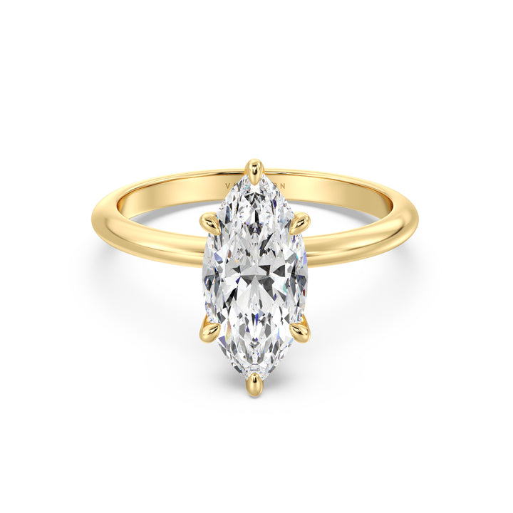 Marquise cut lab grown diamond solitaire ring in 18K yellow gold featuring an IGI certified diamond in a classic 6-prong setting.
