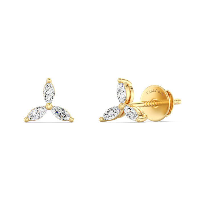 Marquise Cut Lab Grown Diamond Three Stone Cluster Stud Earrings in 18K Yellow Gold