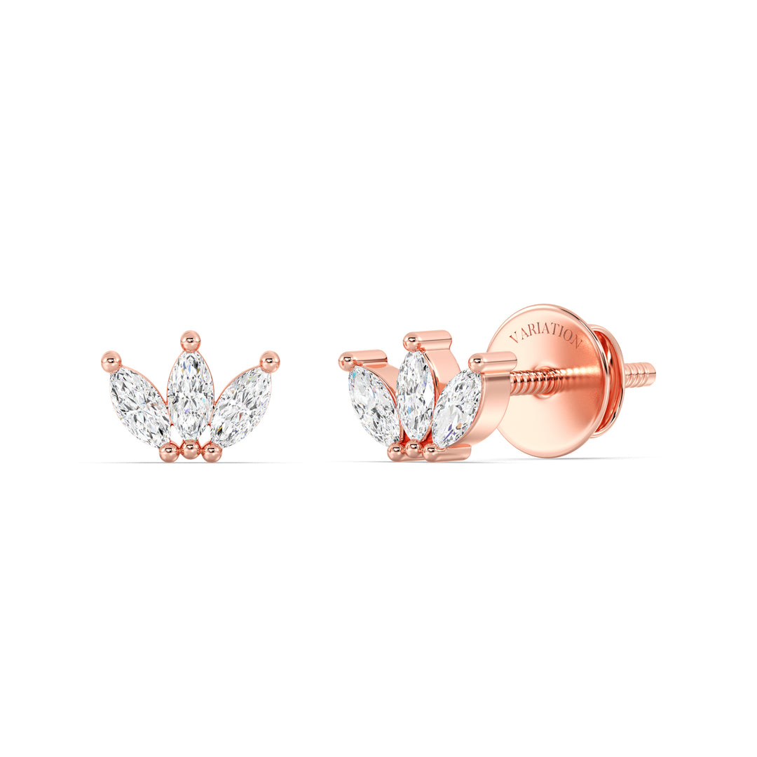 Marquise Cut Lab Grown Diamond Three Stone Stud Earrings in 18K Rose Gold