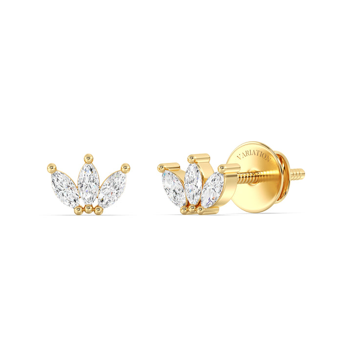 Marquise Cut Lab Grown Diamond Three Stone Stud Earrings in 18K Yellow Gold