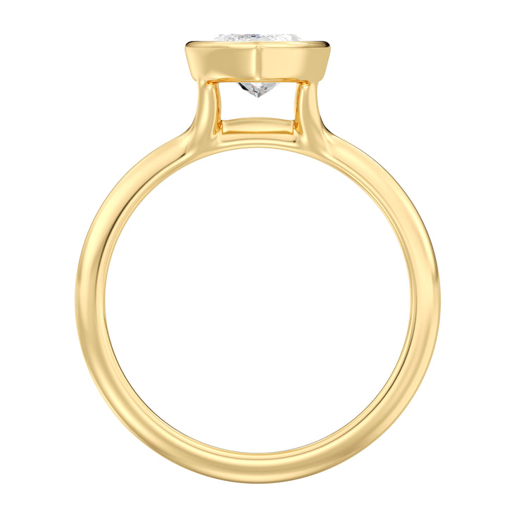 IGI certified marquise cut lab grown diamond bezel solitaire ring in BIS hallmarked 18K yellow gold.