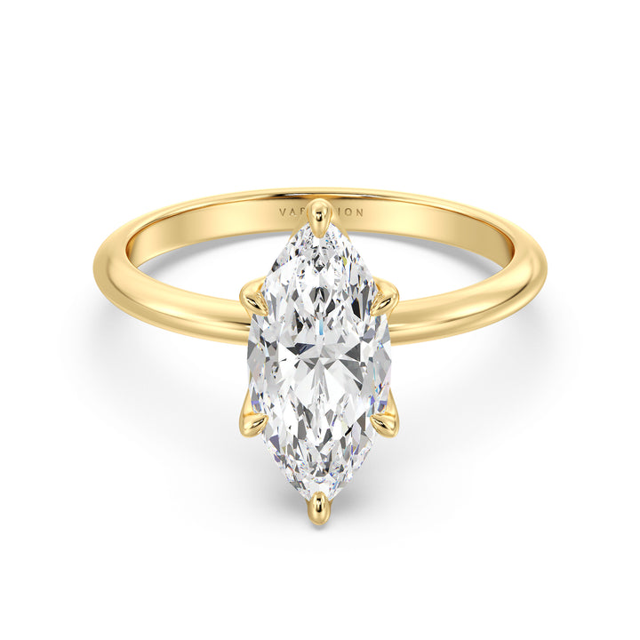 Elegant marquise cut lab grown diamond solitaire ring crafted in 18K yellow gold with exceptional brilliance and a timeless design.