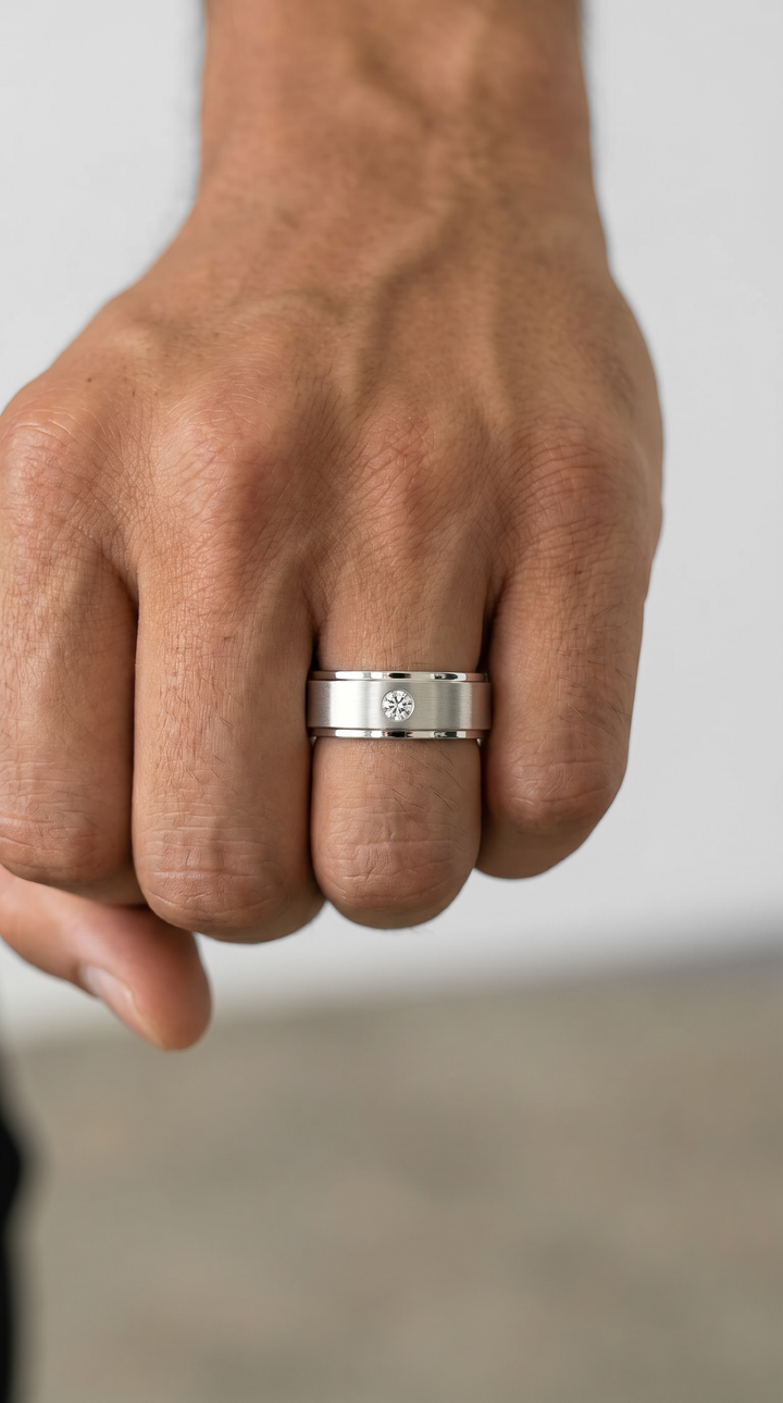 Minimalist Platinum Signet Ring Featuring a 0.10 Ct Embedded Round Diamond