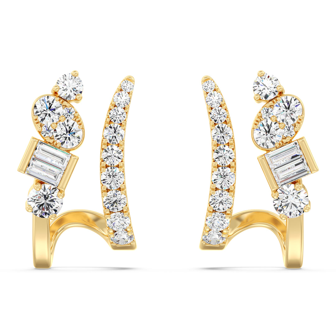 Mixed Cut Diamond Hoop Earrings with Round and Baguette Diamonds in 18K Yellow Gold