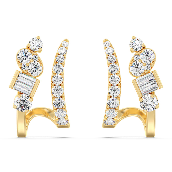 Mixed Cut Diamond Hoop Earrings with Round and Baguette Diamonds in 18K Yellow Gold