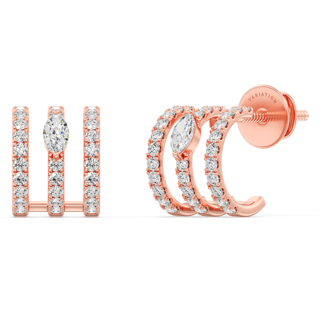Mixed Cut Lab Grown Diamond Triple Row Hoop Earrings in 18K Rose Gold
