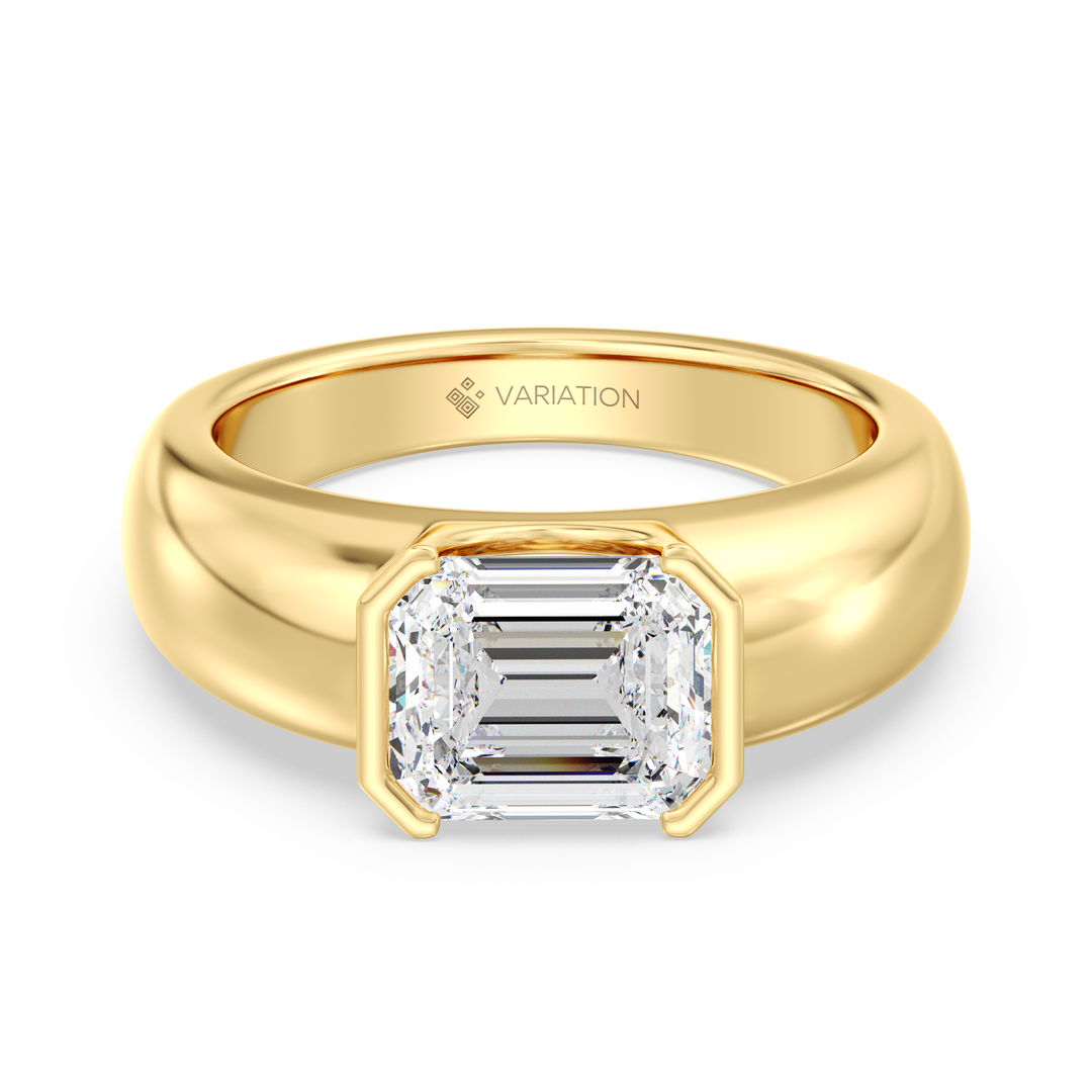 Modern Emerald Cut Engagement Ring with Sleek Bezel Design in Yellow Gold