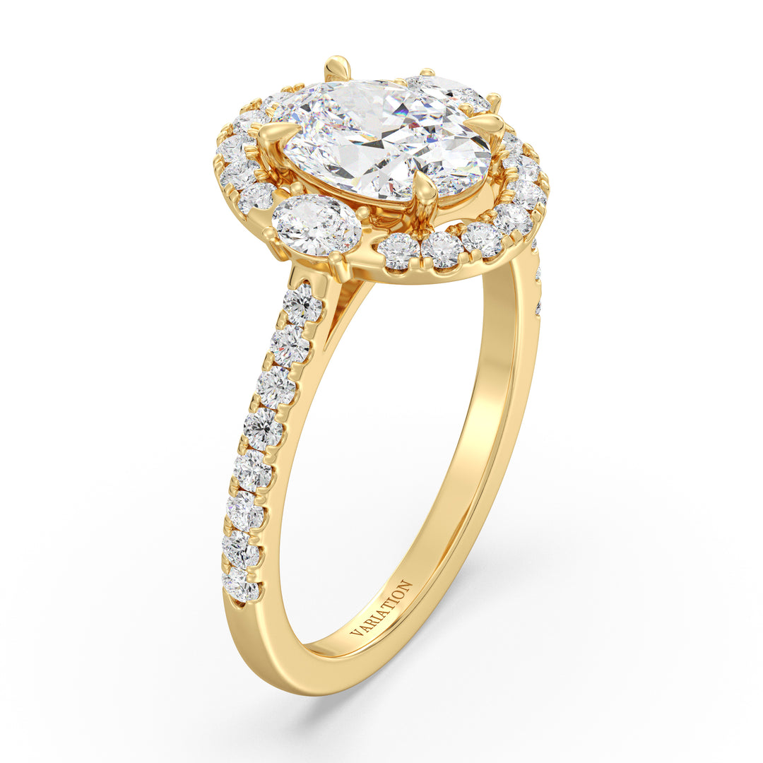 Oval Cut Diamond Halo Ring with Oval and Round Accent Diamonds in Yellow Gold