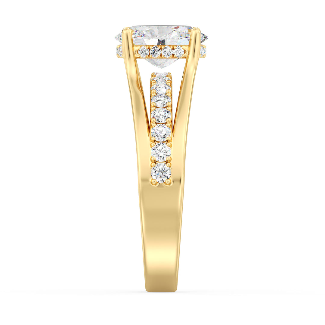 Oval Cut Diamond Halo Ring with Pavé Split Shank Design in Yellow Gold