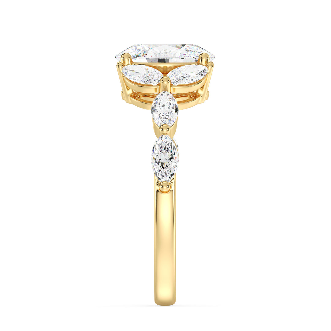Oval Cut Diamond Ring with Nature Inspired Marquise Accent Design in 18K Yellow Gold