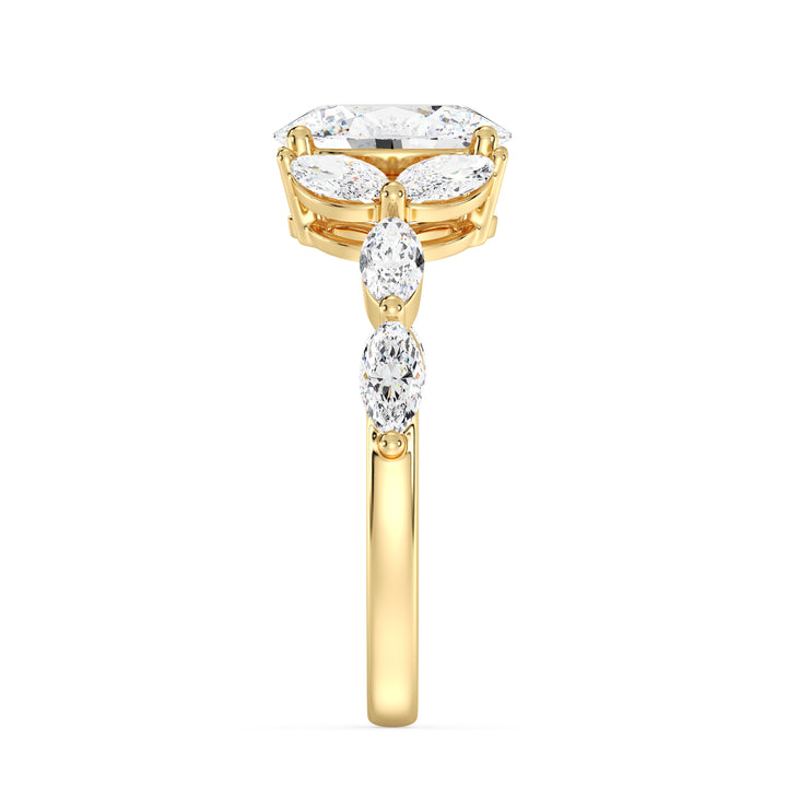 Oval Cut Diamond Ring with Nature Inspired Marquise Accent Design in 18K Yellow Gold